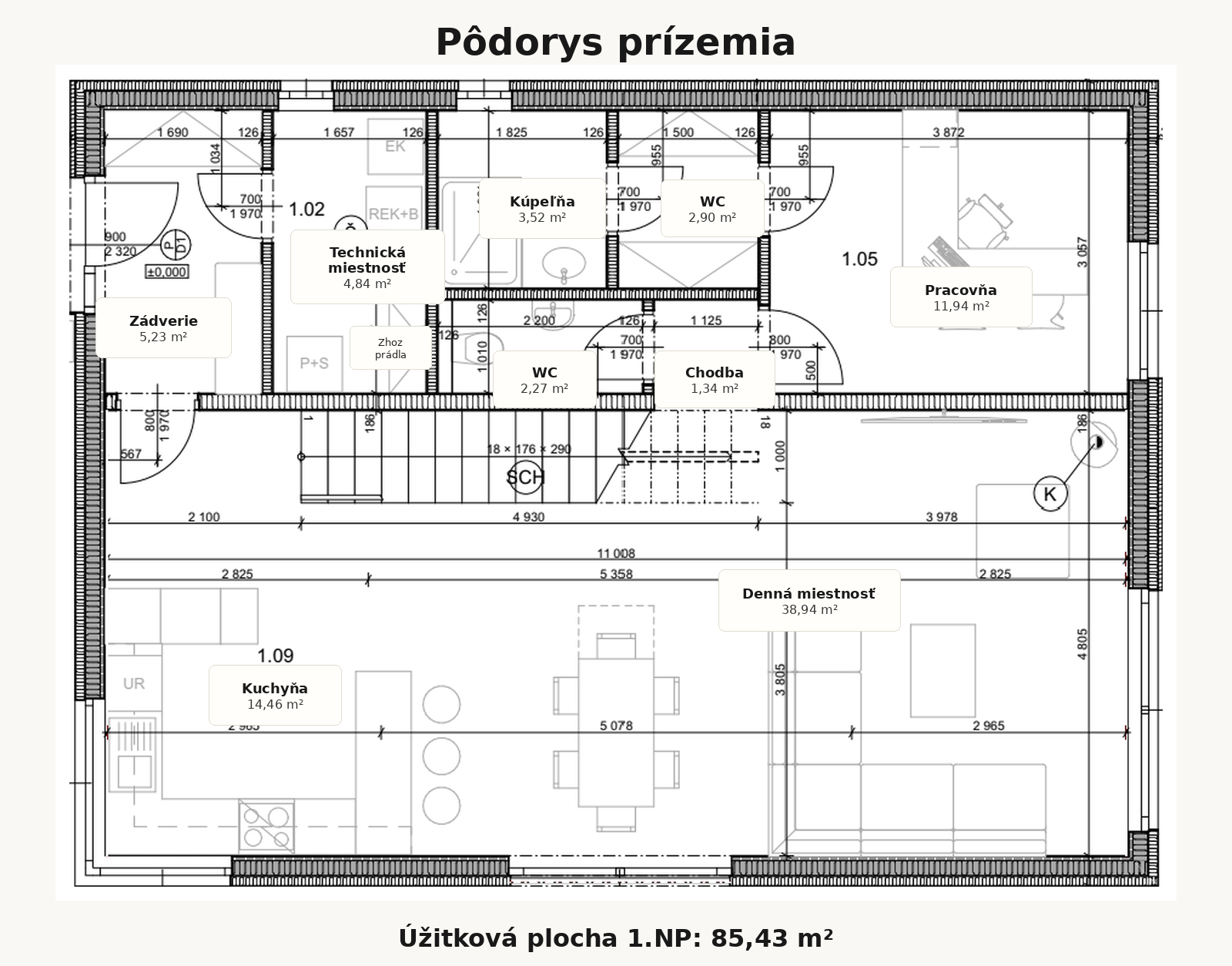 Pôdorys prízemia – úžitková plocha 1.NP 85,43 m²